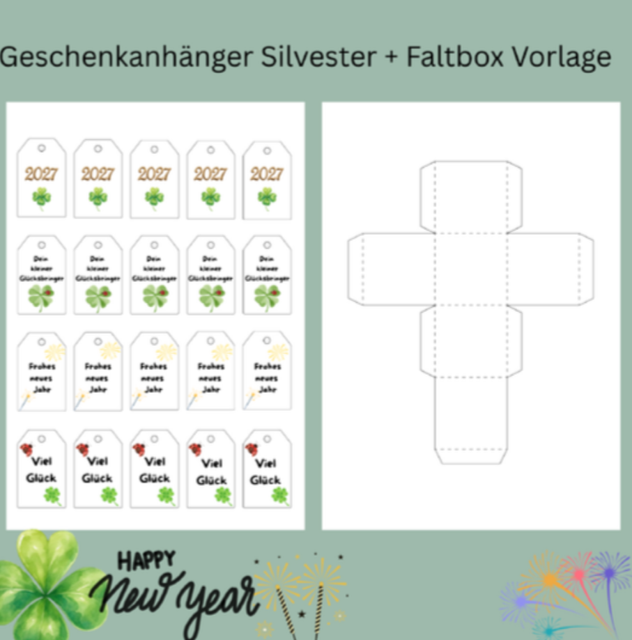 Ausdruckdatei Geschenkanhänger Weihnachten/ Silvester/Faltbox Vorlage