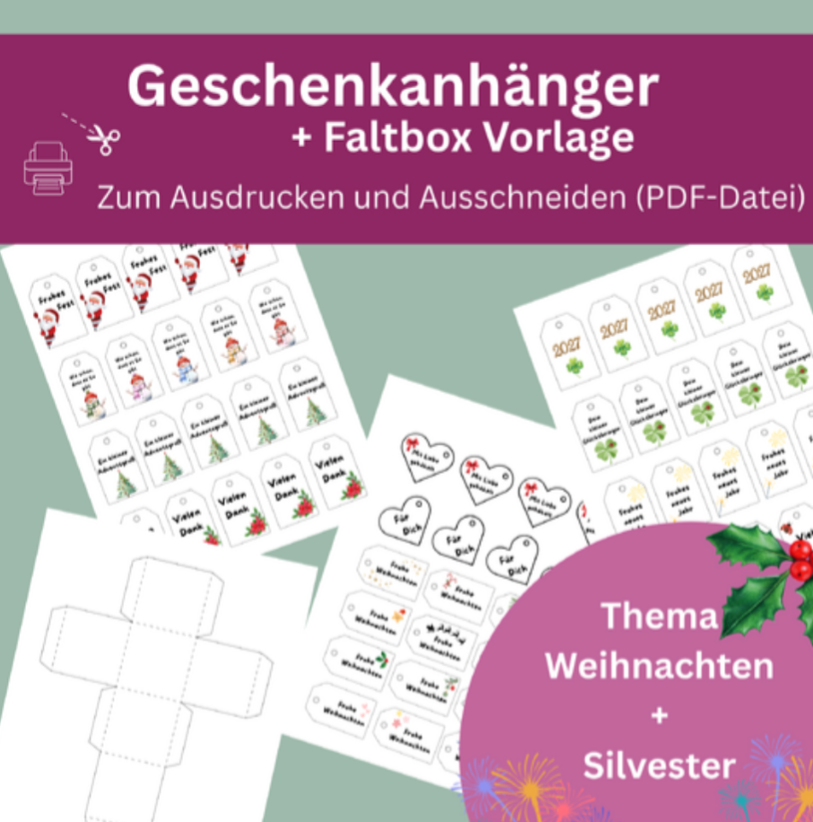 Ausdruckdatei Geschenkanhänger Weihnachten/ Silvester/Faltbox Vorlage